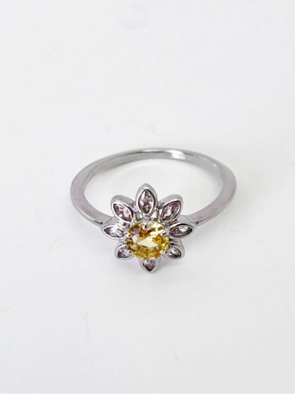 Sterling Silver Daisy Ring with Yellow Center Stone Cubic Zircon
